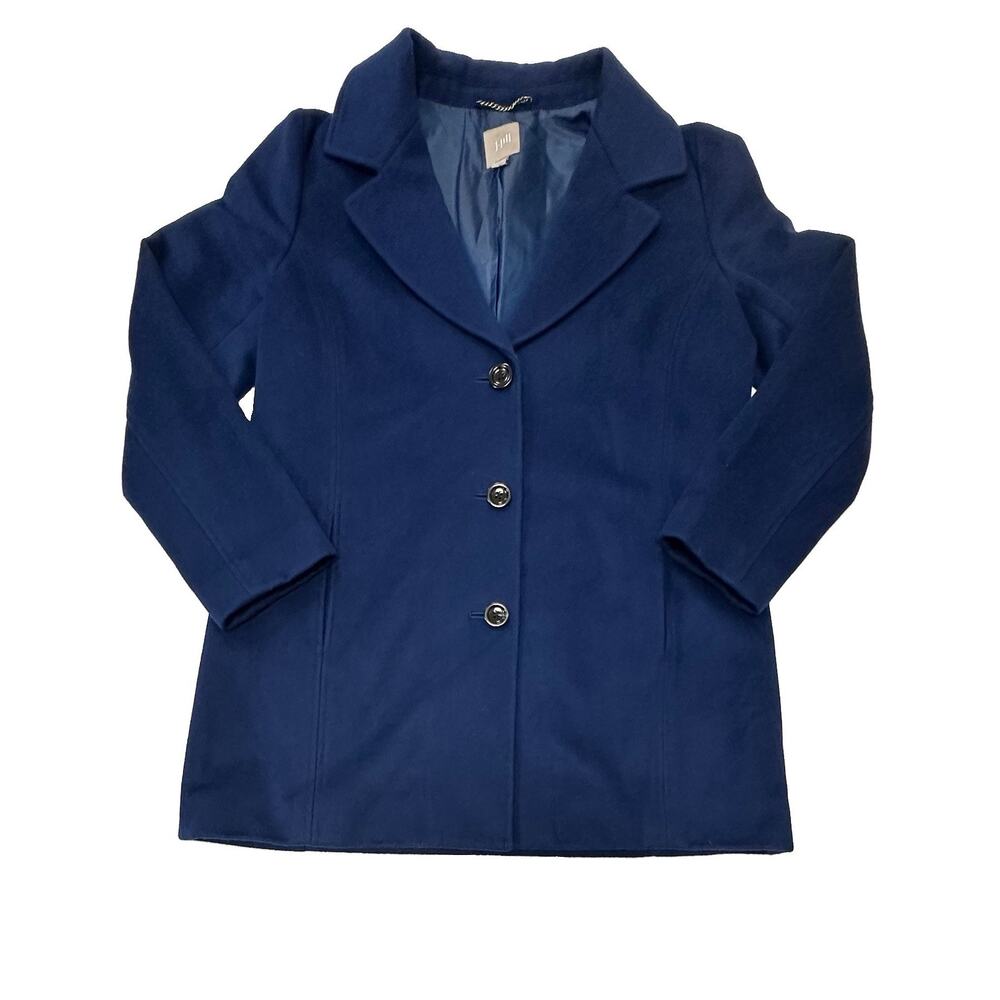J. Jill Walker Coat Navy Blue Wool Blend Button Front Medium Preppy Old Money - Picture 2 of 9